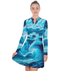 Ai Generated Waves Ocean Sea Tsunami Nautical Sea Long Sleeve Panel Dress by Ravend