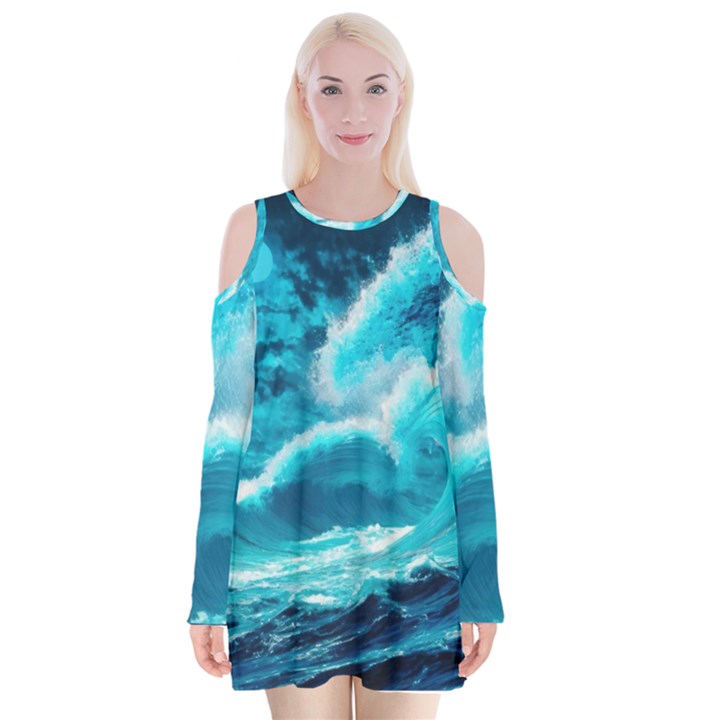 Ai Generated Waves Ocean Sea Tsunami Nautical Sea Velvet Long Sleeve Shoulder Cutout Dress