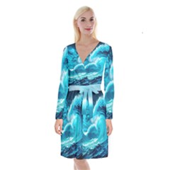 Ai Generated Waves Ocean Sea Tsunami Nautical Sea Long Sleeve Velvet Front Wrap Dress