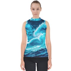 Ai Generated Waves Ocean Sea Tsunami Nautical Sea Mock Neck Shell Top by Ravend