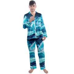 Ai Generated Waves Ocean Sea Tsunami Nautical Sea Men s Long Sleeve Satin Pajamas Set by Ravend