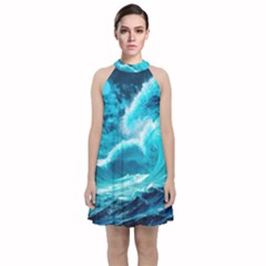 Ai Generated Waves Ocean Sea Tsunami Nautical Sea Velvet Halter Neckline Dress  by Ravend