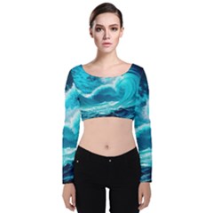 Ai Generated Waves Ocean Sea Tsunami Nautical Sea Velvet Long Sleeve Crop Top by Ravend