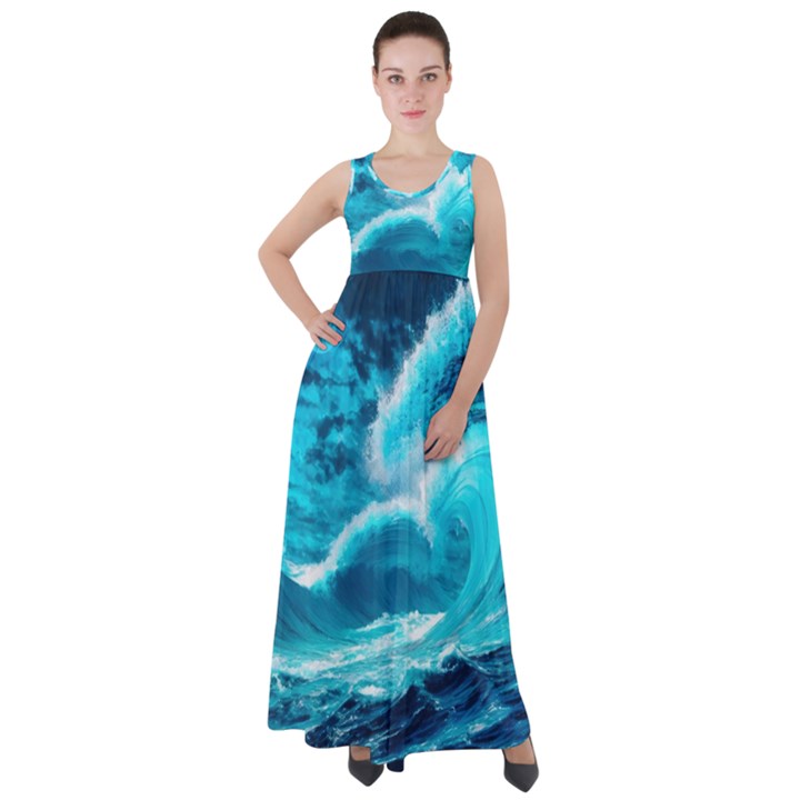 Ai Generated Waves Ocean Sea Tsunami Nautical Sea Empire Waist Velour Maxi Dress