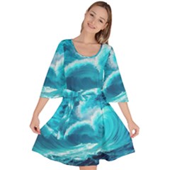 Ai Generated Waves Ocean Sea Tsunami Nautical Sea Velour Kimono Dress by Ravend