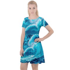 Ai Generated Waves Ocean Sea Tsunami Nautical Sea Cap Sleeve Velour Dress  by Ravend