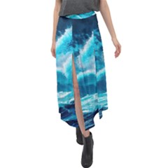 Ai Generated Waves Ocean Sea Tsunami Nautical Sea Velour Split Maxi Skirt by Ravend