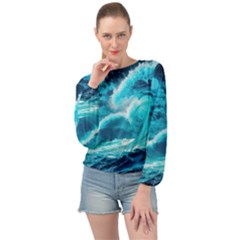 Ai Generated Waves Ocean Sea Tsunami Nautical Sea Banded Bottom Chiffon Top by Ravend