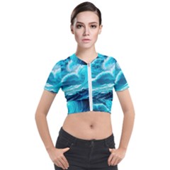 Ai Generated Waves Ocean Sea Tsunami Nautical Sea Short Sleeve Cropped Jacket by Ravend