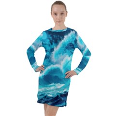 Ai Generated Waves Ocean Sea Tsunami Nautical Sea Long Sleeve Hoodie Dress by Ravend