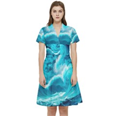 Ai Generated Waves Ocean Sea Tsunami Nautical Sea Short Sleeve Waist Detail Dress by Ravend