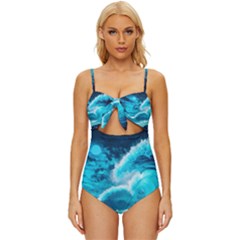 Ai Generated Waves Ocean Sea Tsunami Nautical Sea Knot Front One-piece Swimsuit by Ravend