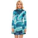 Ai Generated Waves Ocean Sea Tsunami Nautical Sea Long Sleeve Velour Longline Dress View1