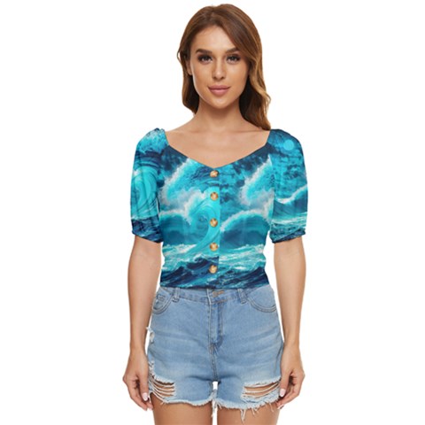 Ai Generated Waves Ocean Sea Tsunami Nautical Sea Button Up Blouse by Ravend