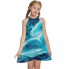 Ai Generated Waves Ocean Sea Tsunami Nautical Sea Kids  Halter Collar Waist Tie Chiffon Dress by Ravend