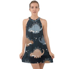 Dino Art Pattern Design Wallpaper Background Halter Tie Back Chiffon Dress by Ravend