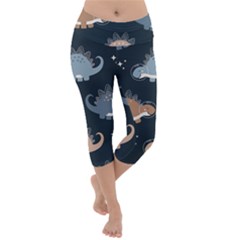 Dino Art Pattern Design Wallpaper Background Lightweight Velour Capri Yoga Leggings by Ravend