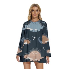 Dino Art Pattern Design Wallpaper Background Round Neck Long Sleeve Bohemian Style Chiffon Mini Dress