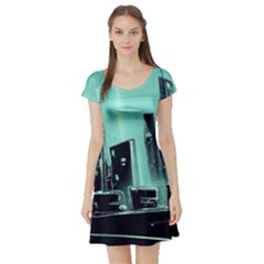 Buildings City Urban Destruction Background Short Sleeve Skater Dress by Ravend