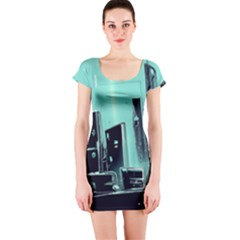 Buildings City Urban Destruction Background Short Sleeve Bodycon Dress by Ravend