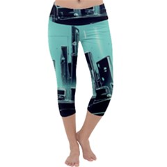 Buildings City Urban Destruction Background Capri Yoga Leggings by Ravend