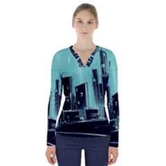 Buildings City Urban Destruction Background V-neck Long Sleeve Top by Ravend