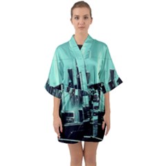 Buildings City Urban Destruction Background Half Sleeve Satin Kimono  by Ravend