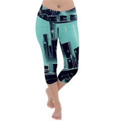 Buildings City Urban Destruction Background Lightweight Velour Capri Yoga Leggings by Ravend