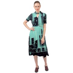 Buildings City Urban Destruction Background Keyhole Neckline Chiffon Dress by Ravend