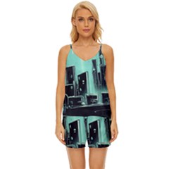 Buildings City Urban Destruction Background V-neck Satin Pajamas Set by Ravend