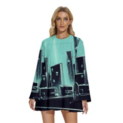 Buildings City Urban Destruction Background Round Neck Long Sleeve Bohemian Style Chiffon Mini Dress by Ravend