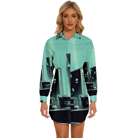 Buildings City Urban Destruction Background Womens Long Sleeve Shirt Dress by Ravend