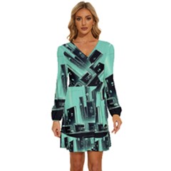 Buildings City Urban Destruction Background Long Sleeve Waist Tie Ruffle Velvet Dress