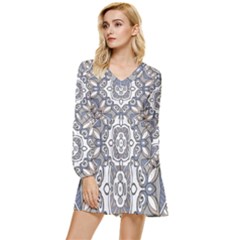 Flower Art Decorative Mandala Pattern Ornamental Tiered Long Sleeve Mini Dress by Ravend