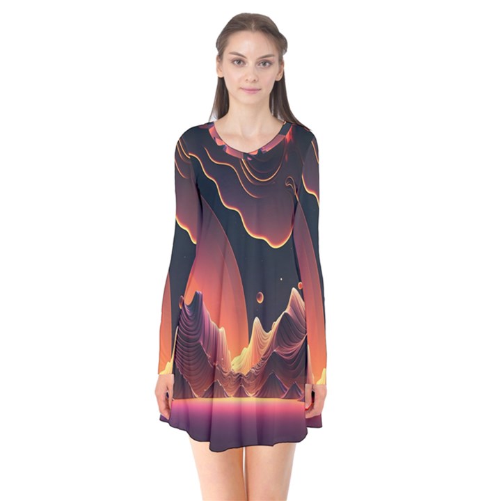 Fire Flame Burn Hot Heat Light Burning Orange Long Sleeve V-neck Flare Dress