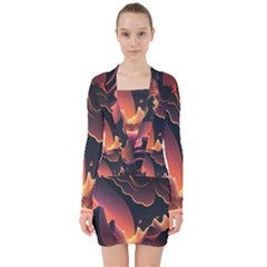 Fire Flame Burn Hot Heat Light Burning Orange V-neck Bodycon Long Sleeve Dress by Ravend