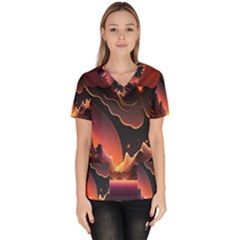 Fire Flame Burn Hot Heat Light Burning Orange Women s V-neck Scrub Top by Ravend