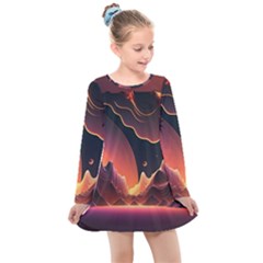 Fire Flame Burn Hot Heat Light Burning Orange Kids  Long Sleeve Dress by Ravend