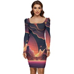 Fire Flame Burn Hot Heat Light Burning Orange Women Long Sleeve Ruched Stretch Jersey Dress by Ravend