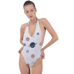 Space Planets Art Pattern Design Wallpaper Backless Halter One Piece Swimsuit by Ravend