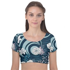 Flowers Pattern Floral Ocean Abstract Digital Art Velvet Short Sleeve Crop Top  by Ravend