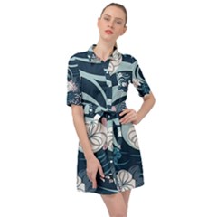 Flowers Pattern Floral Ocean Abstract Digital Art Belted Shirt Dress by Ravend