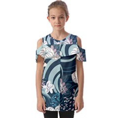 Flowers Pattern Floral Ocean Abstract Digital Art Fold Over Open Sleeve Top by Ravend