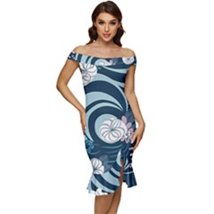 Flowers Pattern Floral Ocean Abstract Digital Art Off Shoulder Ruffle Split Hem Bodycon Dress by Ravend