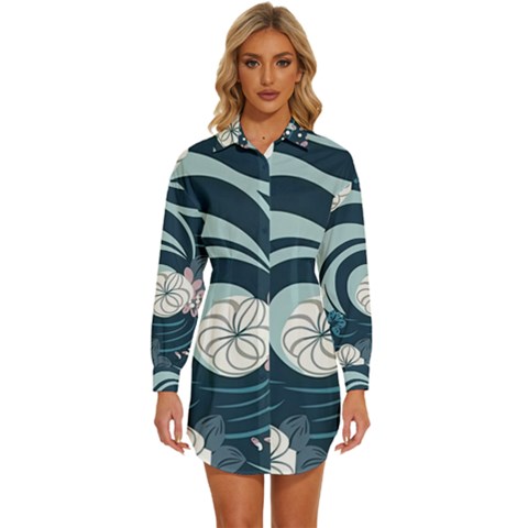 Flowers Pattern Floral Ocean Abstract Digital Art Womens Long Sleeve Shirt Dress by Ravend