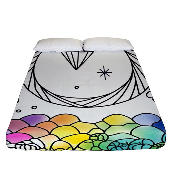 Rainbow Fun Cute Minimal Doodle Drawing Fitted Sheet (Queen Size)