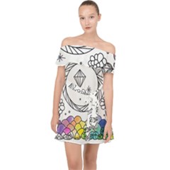 Rainbow Fun Cute Minimal Doodle Drawing Off Shoulder Chiffon Dress by Ravend