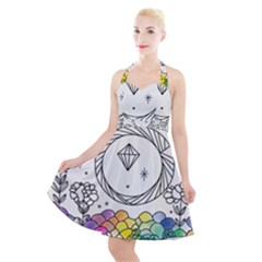 Rainbow Fun Cute Minimal Doodle Drawing Halter Party Swing Dress  by Ravend