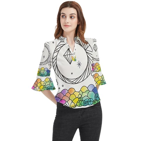 Rainbow Fun Cute Minimal Doodle Drawing Loose Horn Sleeve Chiffon Blouse by Ravend