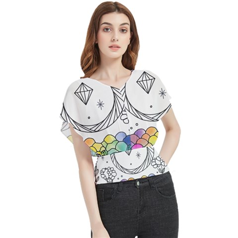 Rainbow Fun Cute Minimal Doodle Drawing Butterfly Chiffon Blouse by Ravend